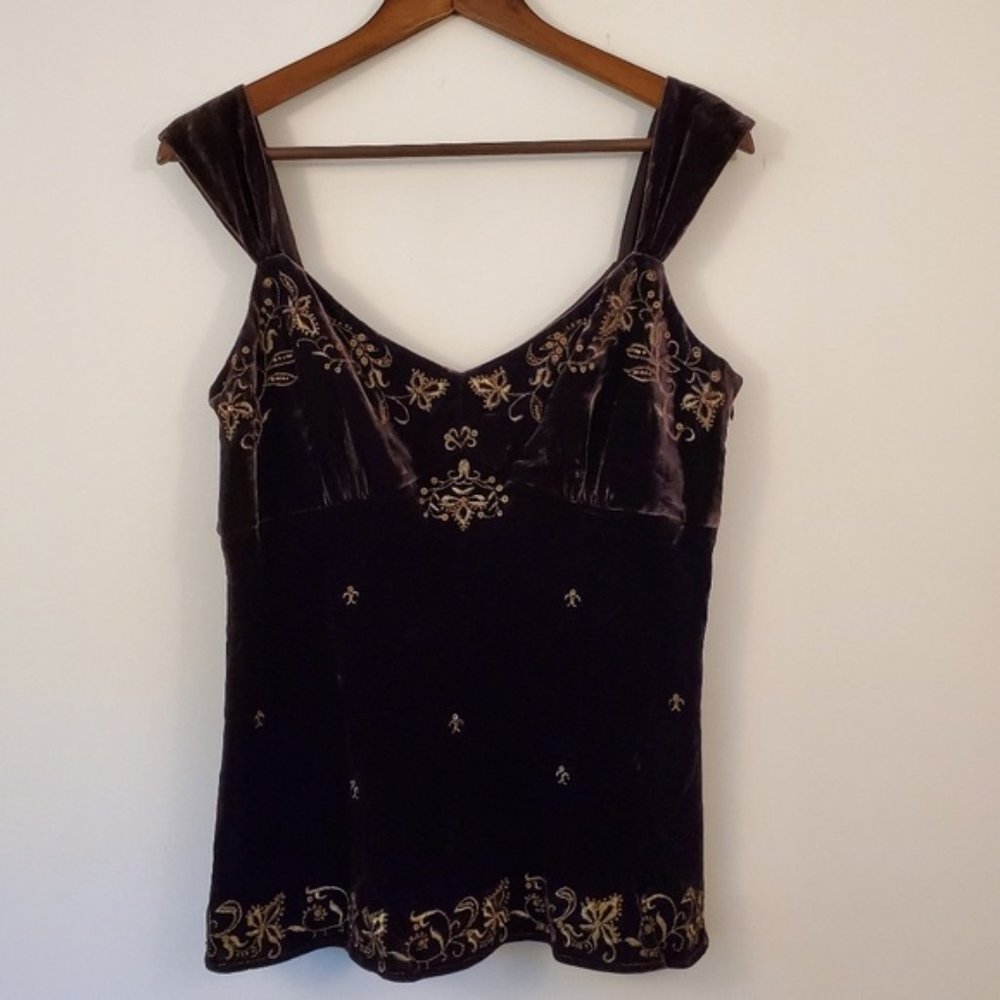 ANN TAYLOR Brown Velvet Gold Embroidered Top Sleeveless Shirt Sz 12